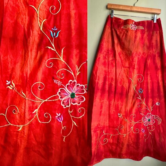 VTG 90s Gemini A-Line Midi Skirt Tie Dye Red Floral Embroidery Fairy Whimsigoth - Picture 2 of 8